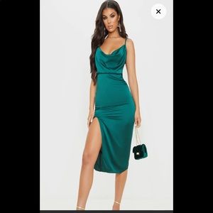 Emerald Green Strappy Satin Cowl Midi Dress